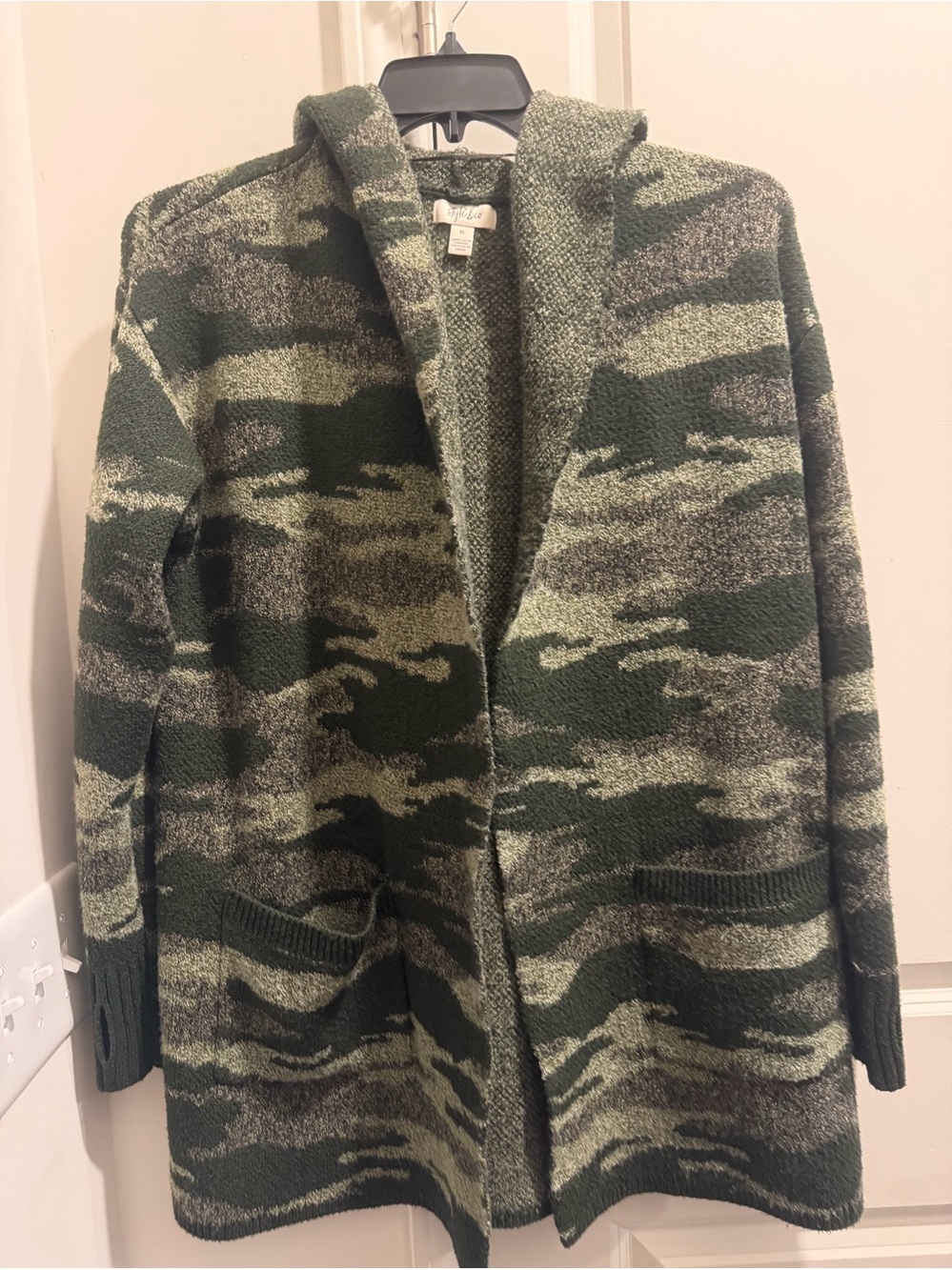 XL Style & Co Cozy Knitted Sweater Hooded Camouflage Open Cardigan - Green